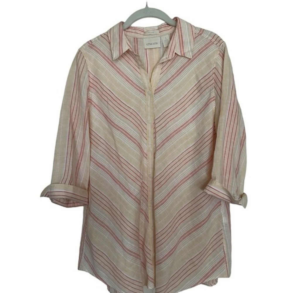 Chico's No Iron Linen Blend M Striped Button Down Shirt Pink Orange Casual